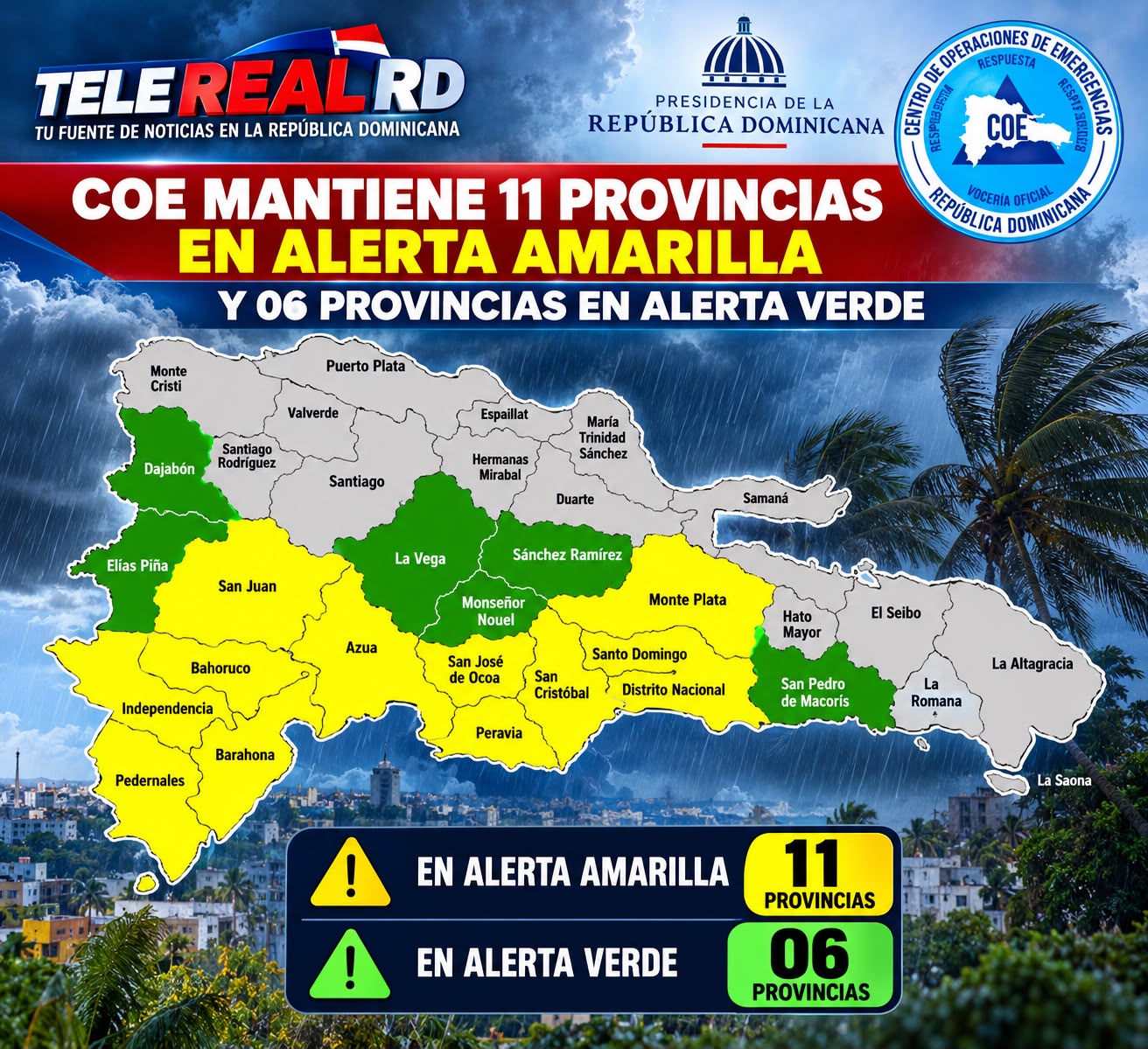 COE MANTIENE 12 PROVINCIAS Y EL DISTRITO NACIONAL EN ALERTA AMARILLA Y 6 EN VERDE POR INCIDENCIA DE VAGUADA